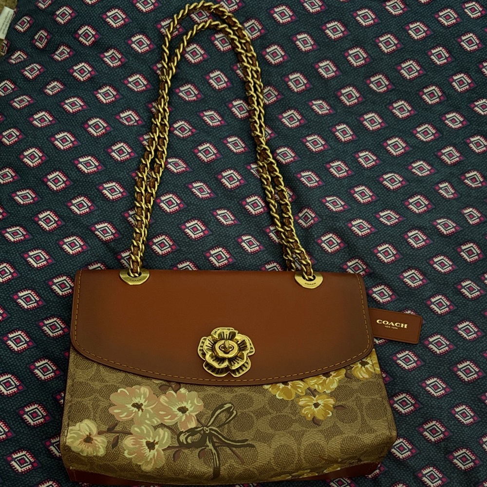Coach Tan and Brown Floral Shoulder Bag